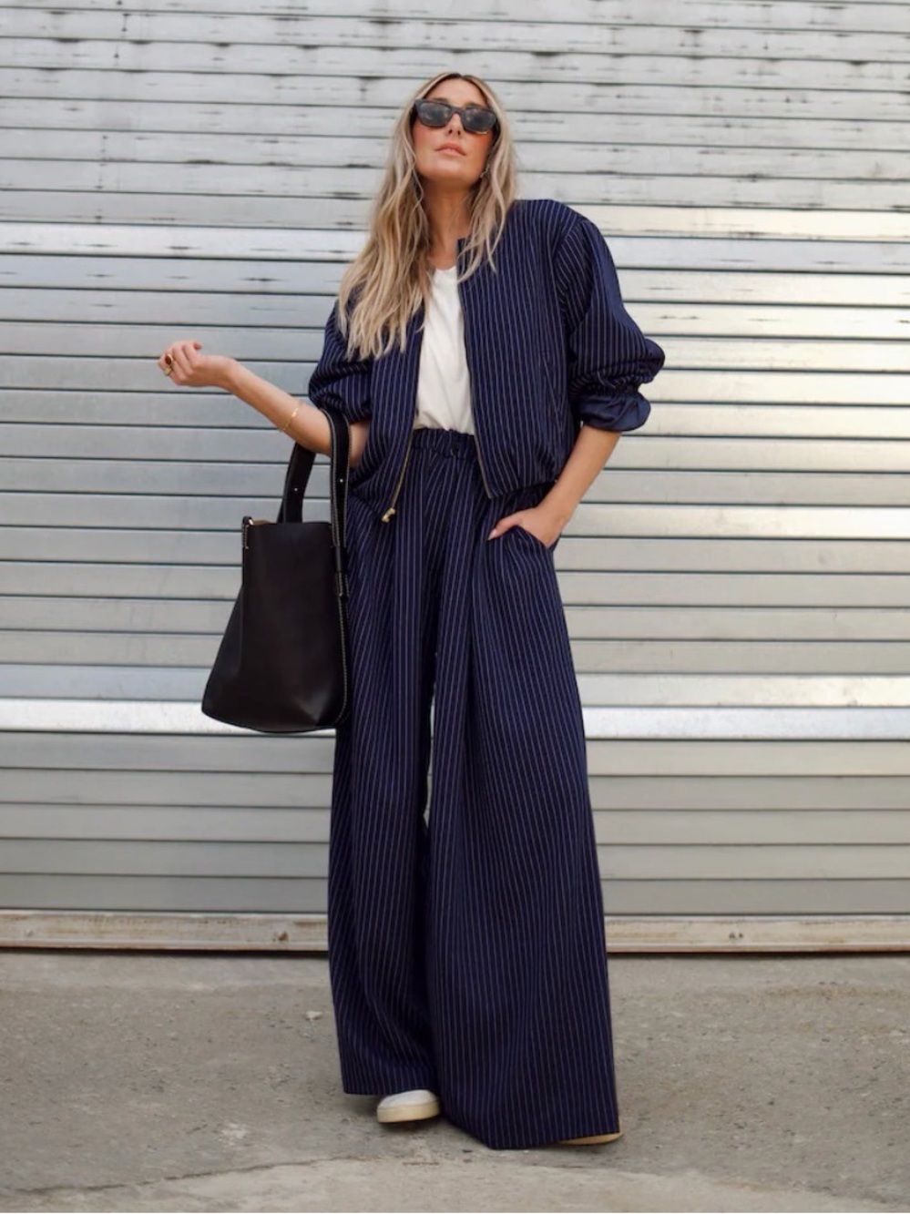 HDYWT Wide Leg Trouser Pinstripe Navy L